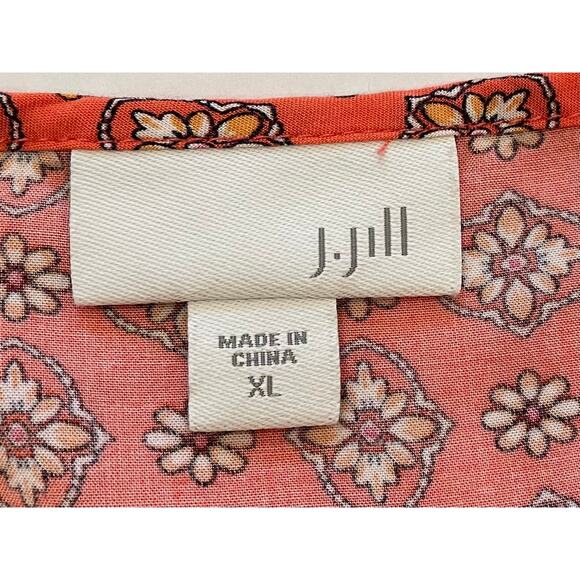 J. Jill Orange Floral Print Short Sleeve Button Down Blouse, Boho, Tassels, XL - Picture 8 of 12